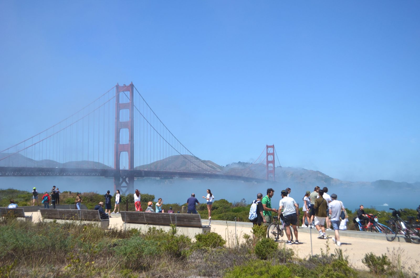 Tourists at the Battery East Trail at the Presidio. Tourists at the Battery East Trail at the Presidio.
