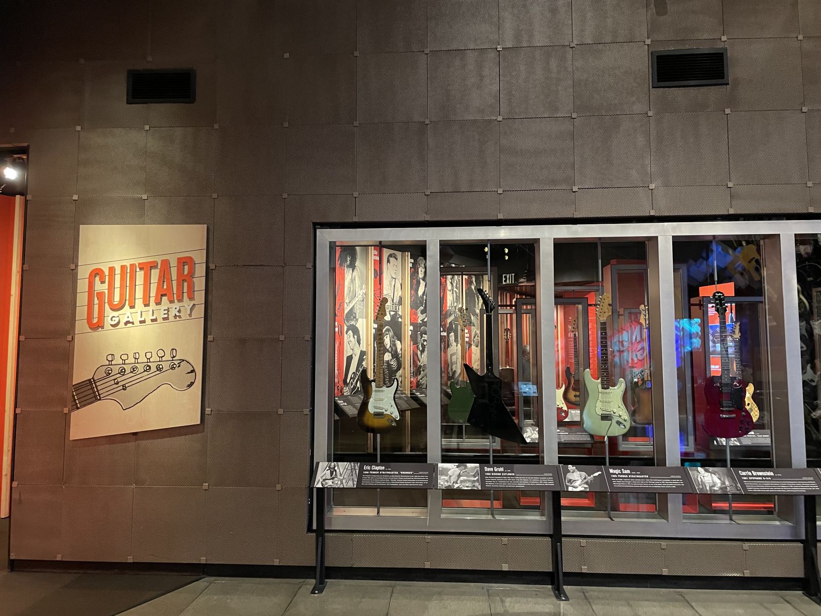 Guitars on display, Museum of Pop Culture in Seattle.